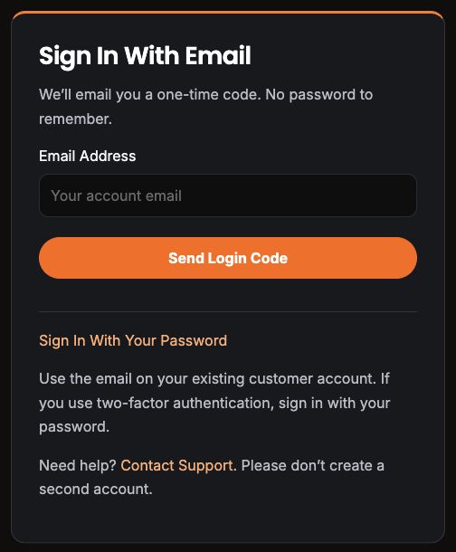 Email sign-in form with Email Address field and Send Login Code button