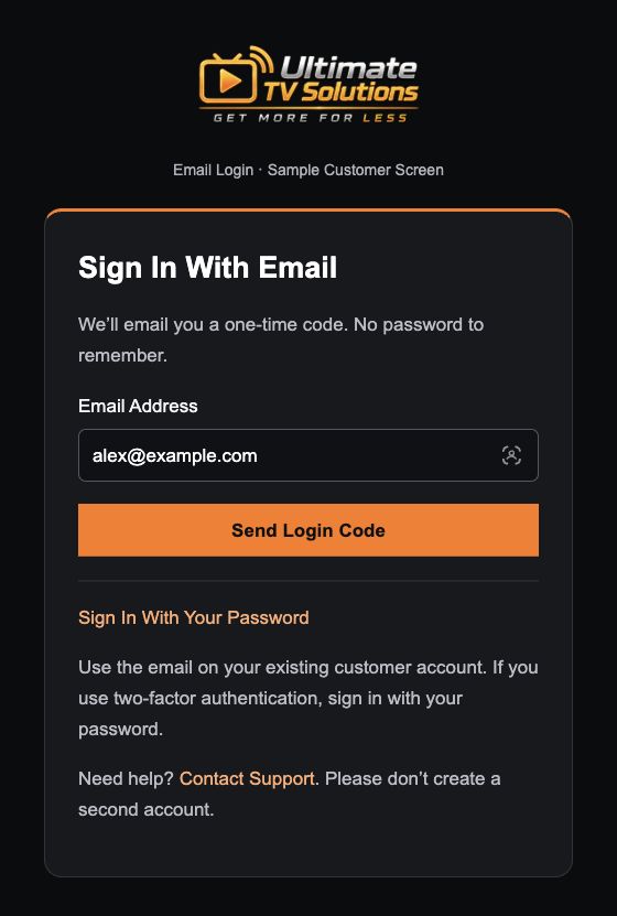 Email Login customer screen with a sample email address